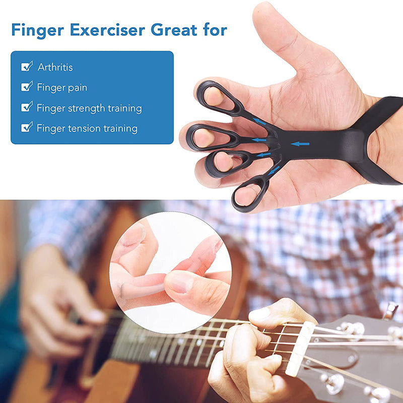 Finger exerciser being used with a person playing guitar, highlighting its use for arthritis, finger pain, strength training, and tension training.