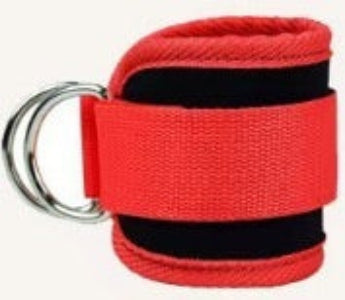 Red wrist strap with a metal ring on a black background