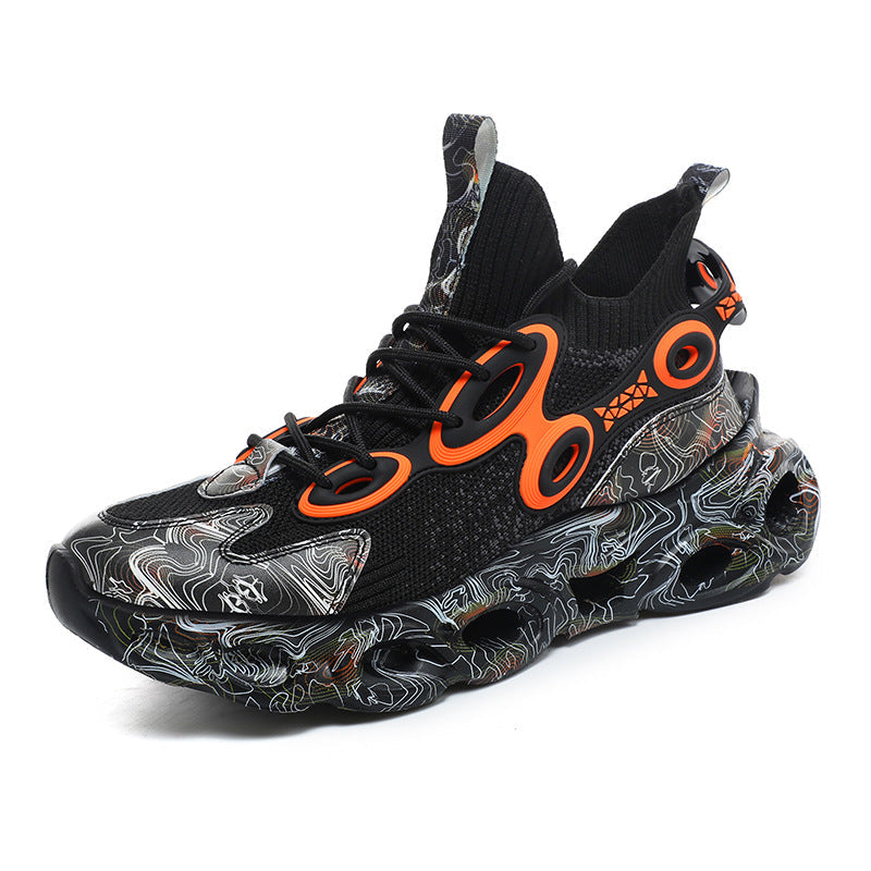 Black and orange sneaker with unique sole design on a white background
