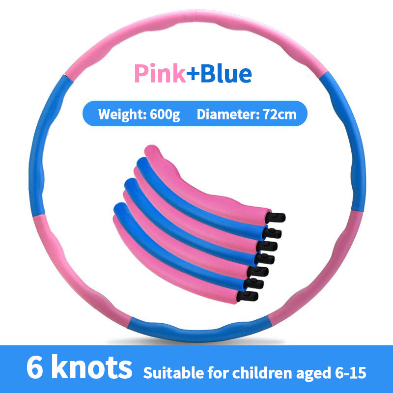 Pink and blue hula hoop with weight, diameter, and knot information on a white background