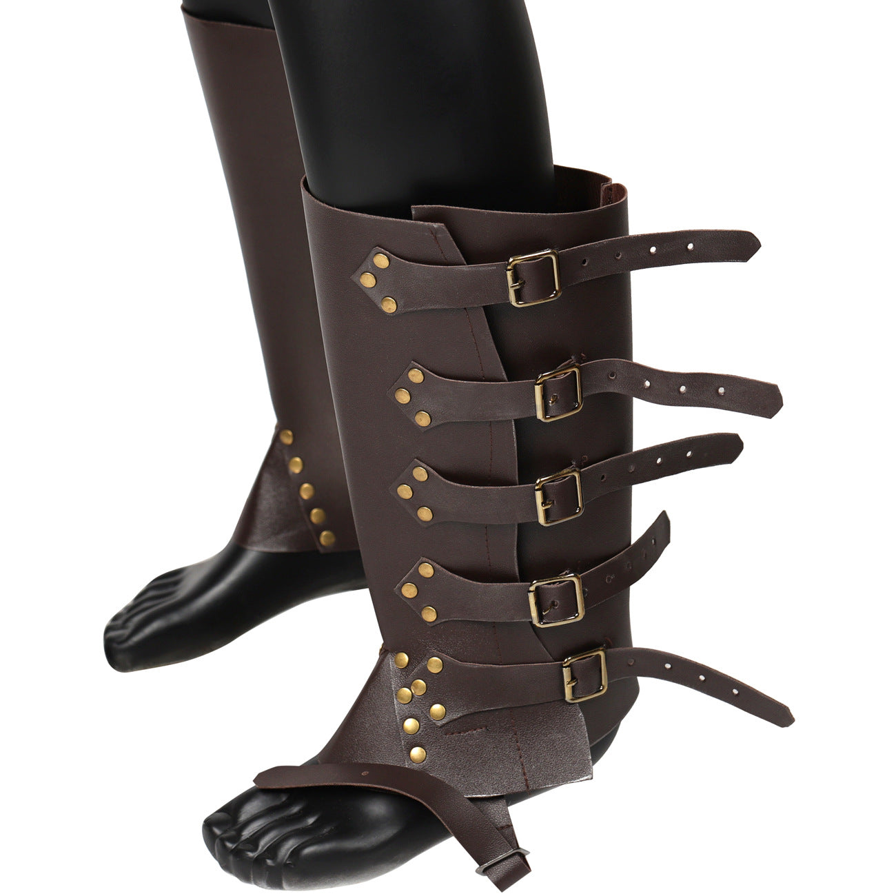 Brown leather gaiters with buckles on a mannequin leg against a white background
