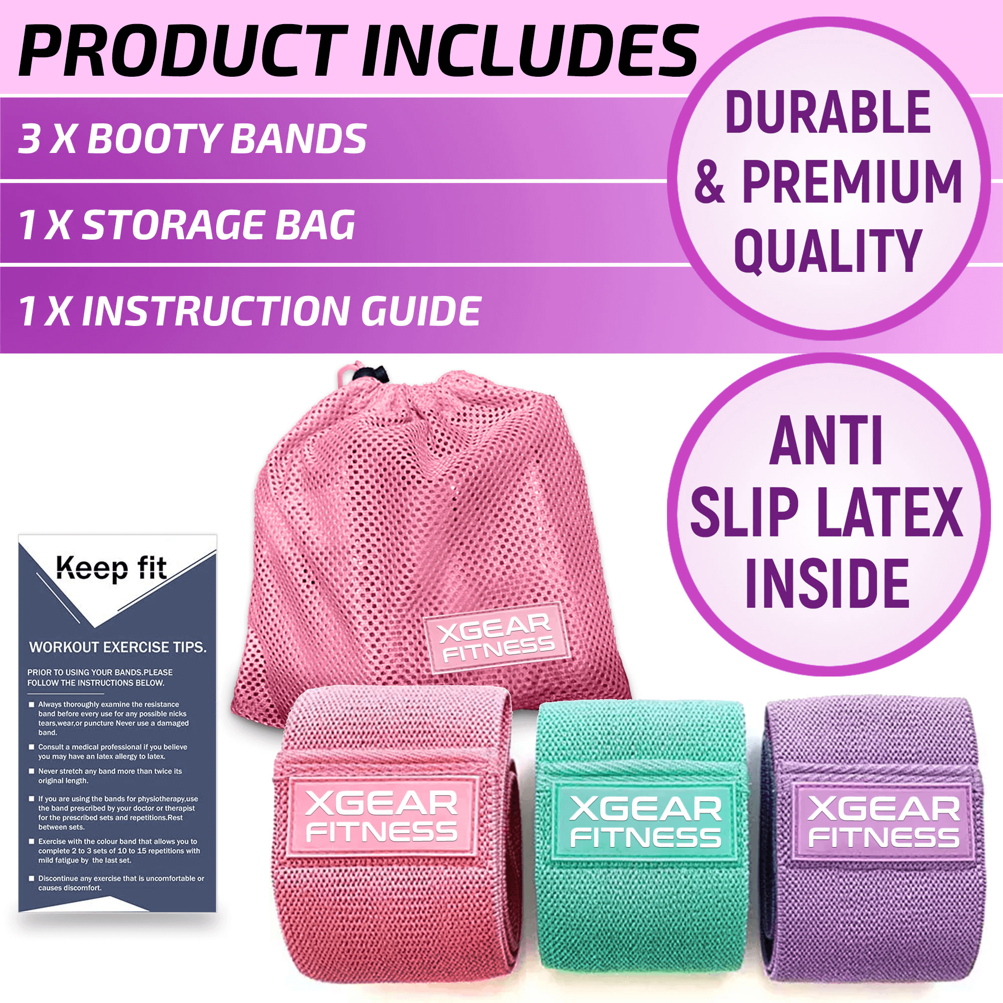 XGear Fitness booty bands with storage bag and instruction guide on a white background