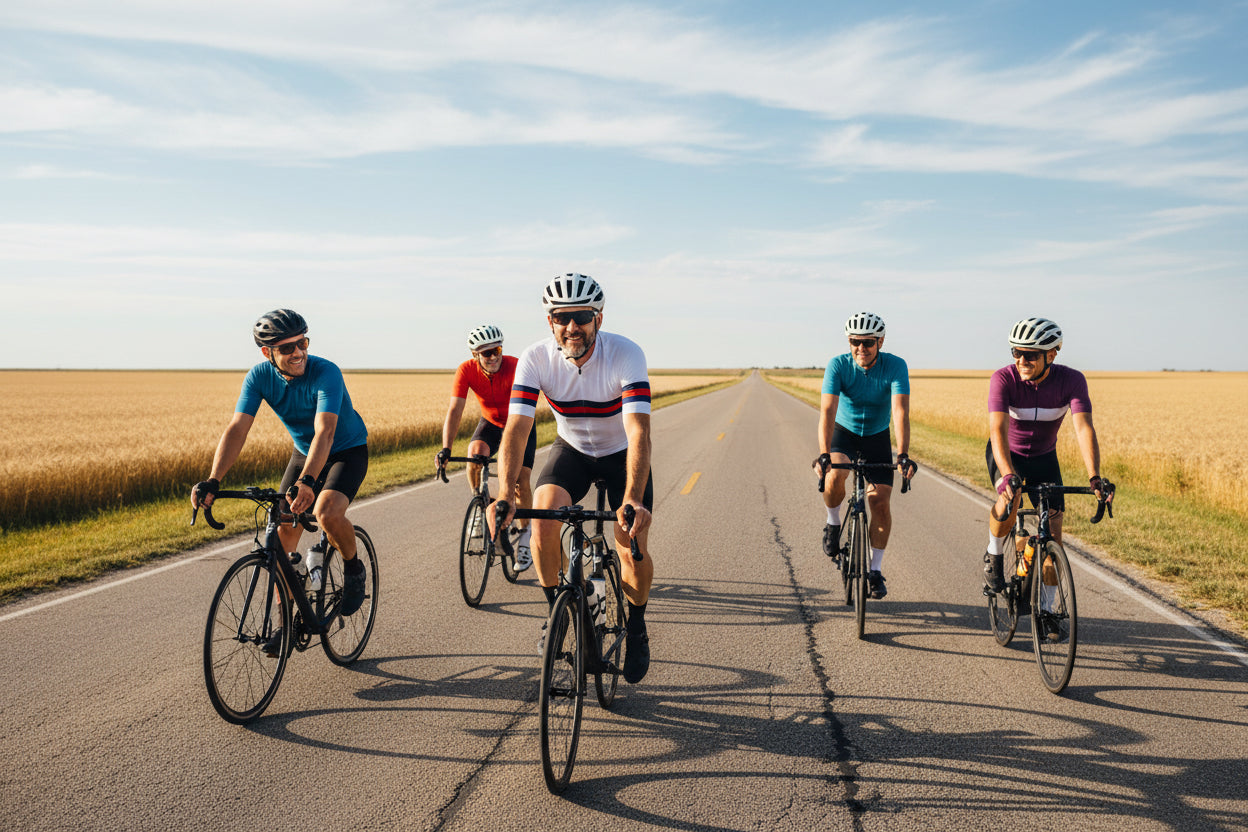 A dad wearing White cycling jersey with red and blue stripes while biking with friends in the Great Plains.