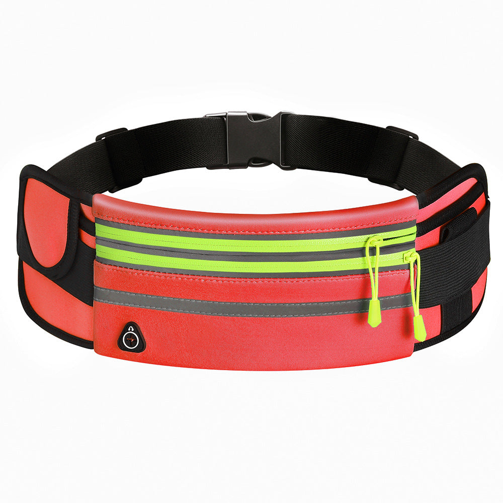 Red and black waist bag with reflective stripes on a white background