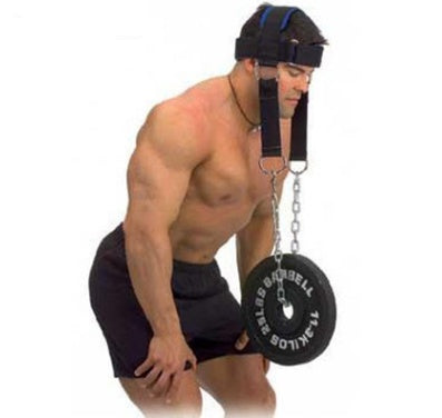 Man wearing a weightlifting belt with a chain and weight attached on a white background