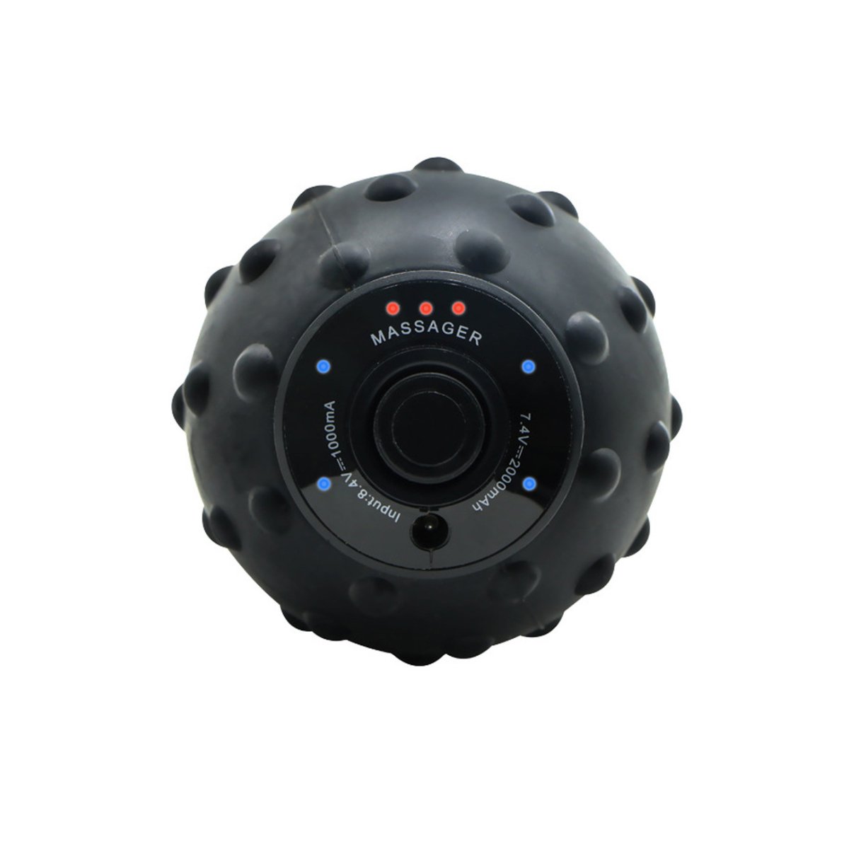 Black massage ball with textured surface on a white background