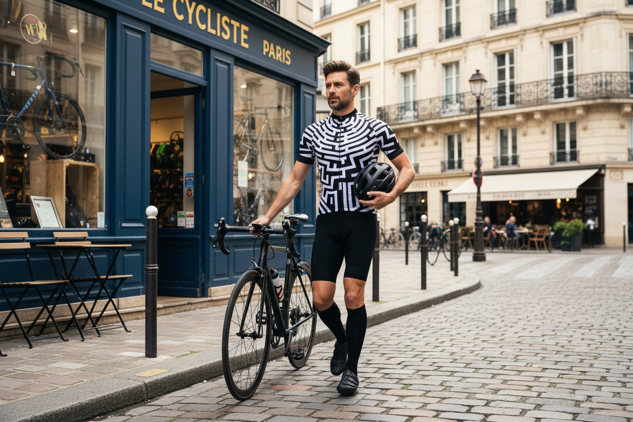 A man in France wearing Black and white geometric patterned cycling Jersey leaving bike store.