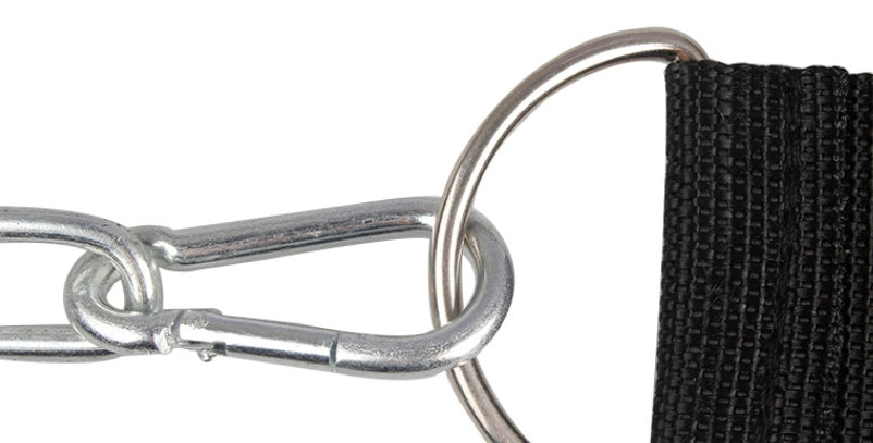 Close-up of a metal carabiner attached to a black strap on a white background