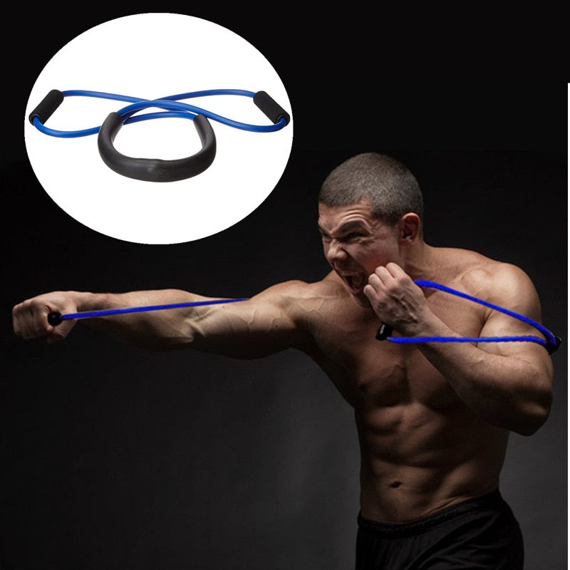 Man exercising with resistance bands on a black background