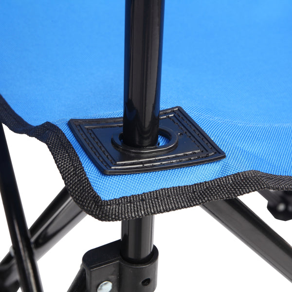 Close-up of a blue chair with black metal legs and straps on a white background