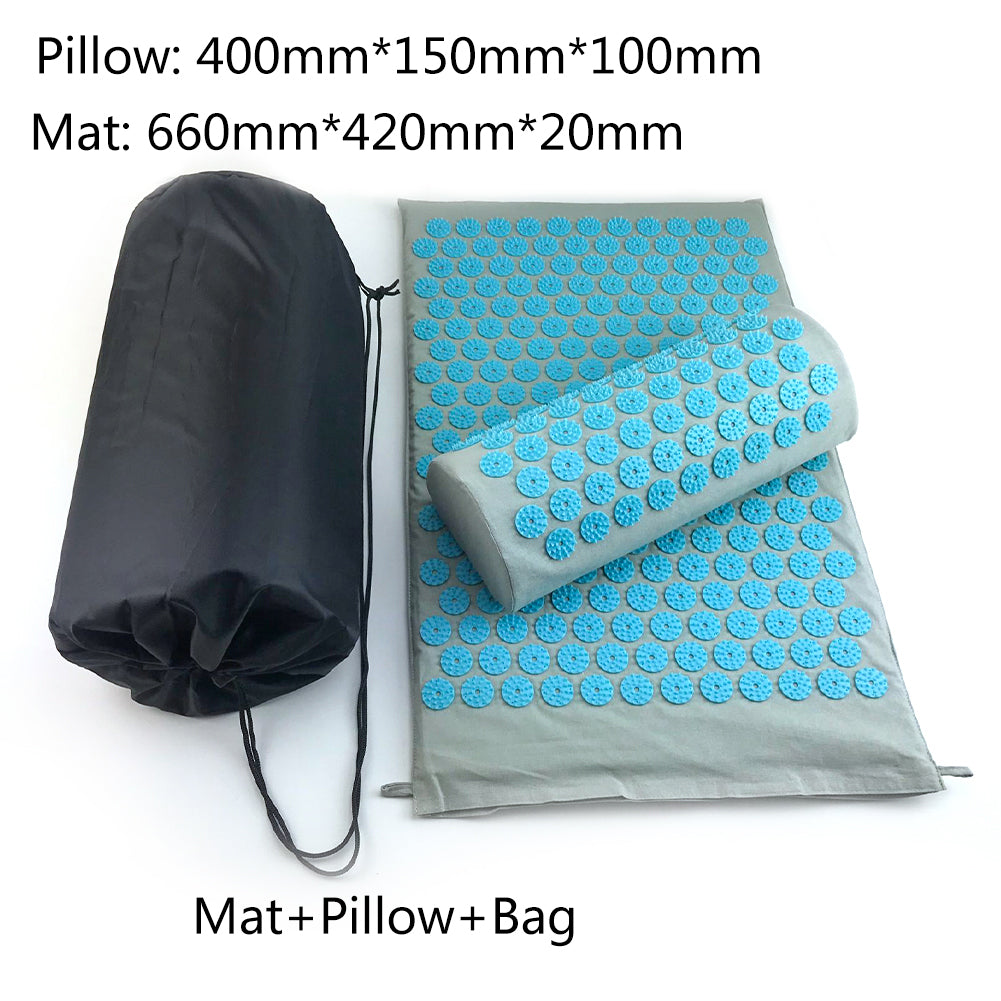 Acupressure mat, pillow, and carrying bag with dimensions displayed.