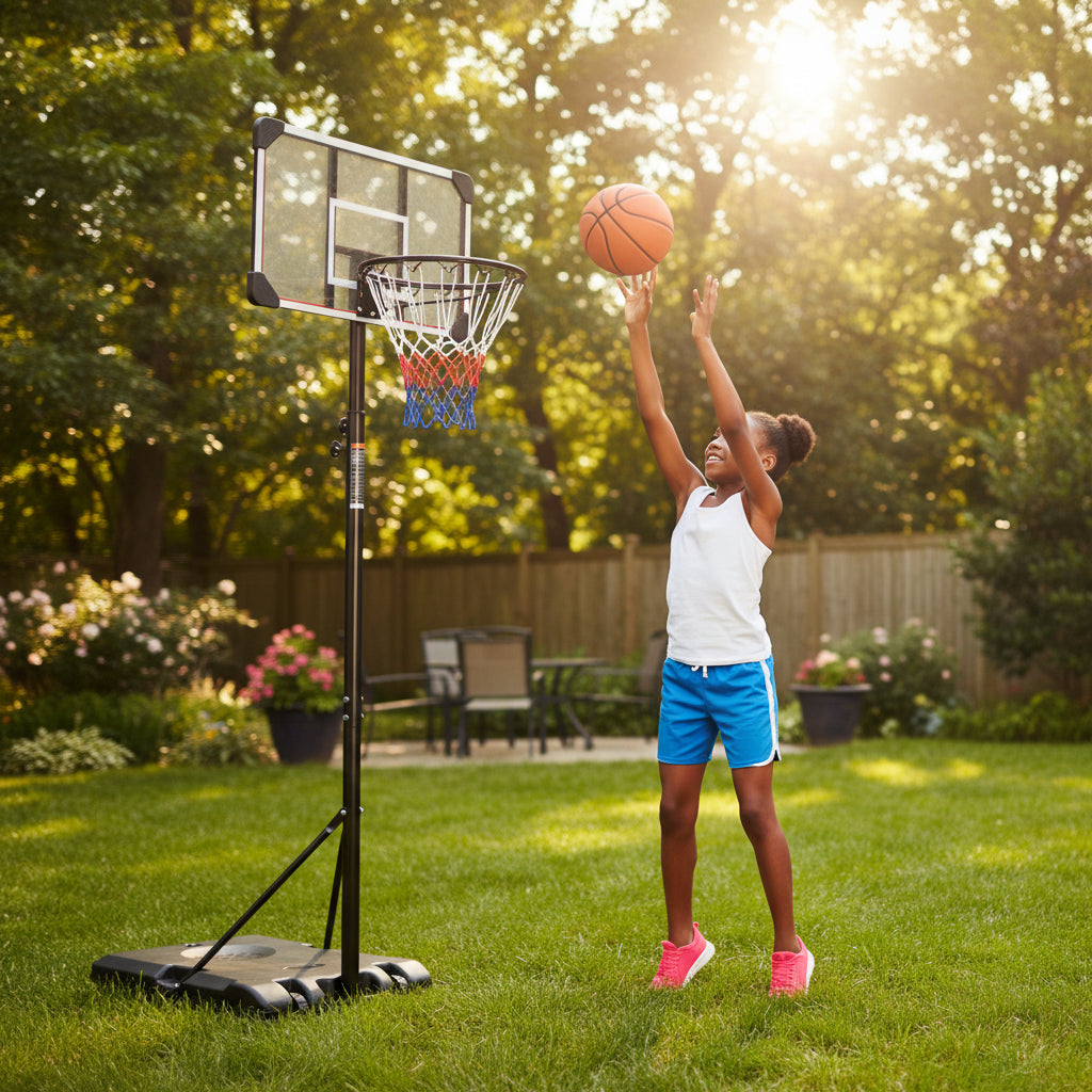 Child playing basketball with a portable hoop on a white background