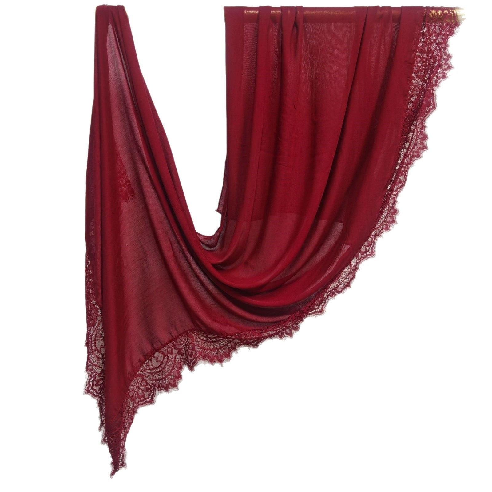 A deep red sheer shawl with intricate lace trim along the edges, draped to display its shape and texture against a plain white background.