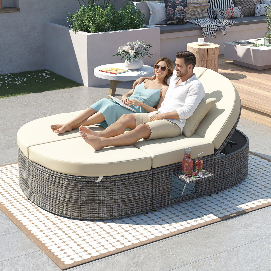2 people on Outdoor lounge chair with cushions on a patio area with a small table and plants.