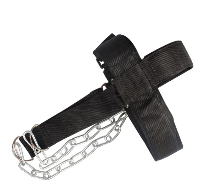 Black belt with metal chain on a white background