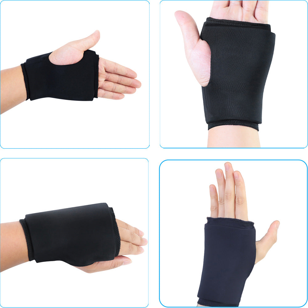 Black wrist support brace worn on hands in four different angles.