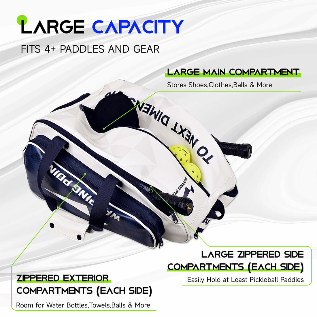 Pickleball bag with features highlighted on a white background