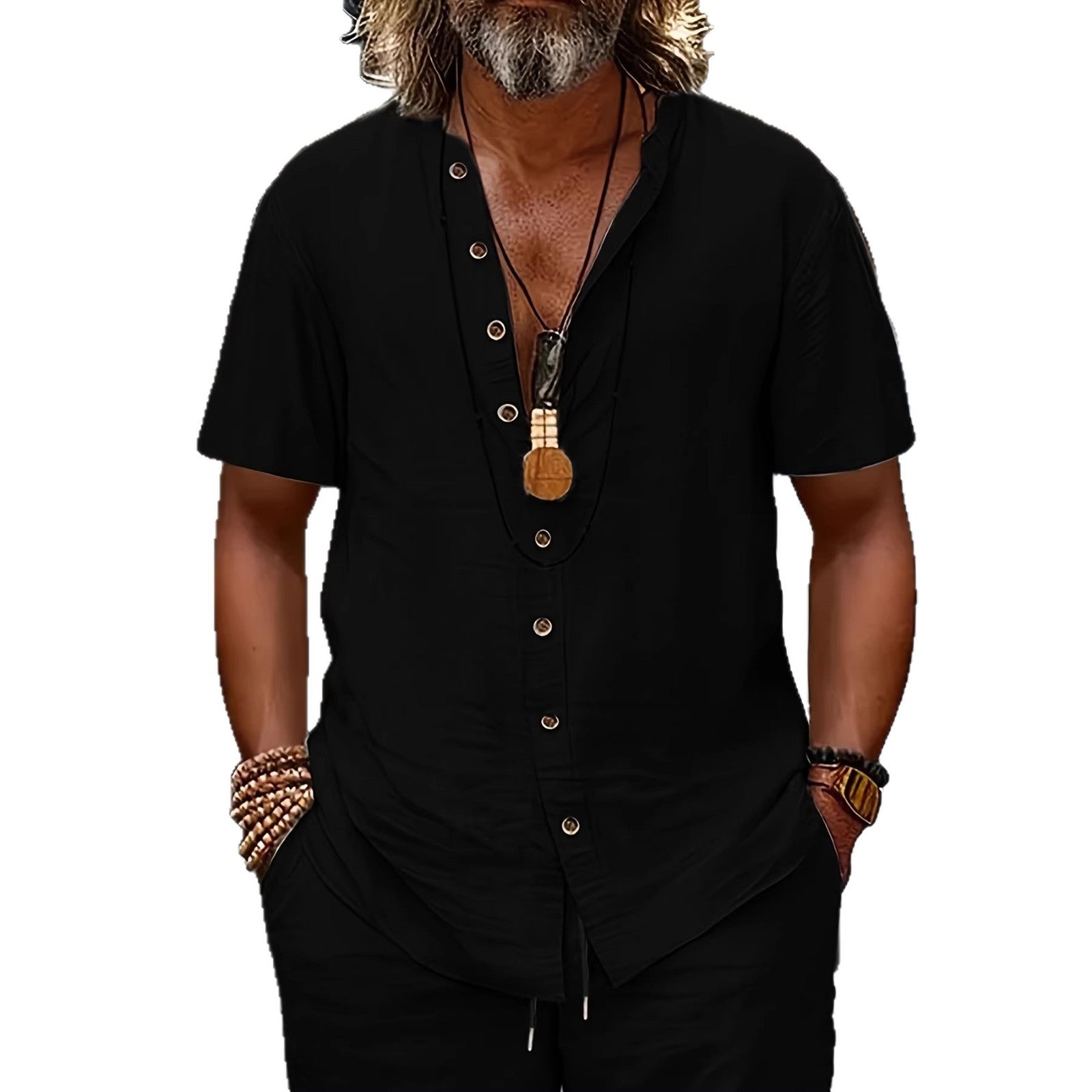 Person wearing a black button-up shirt with a white background