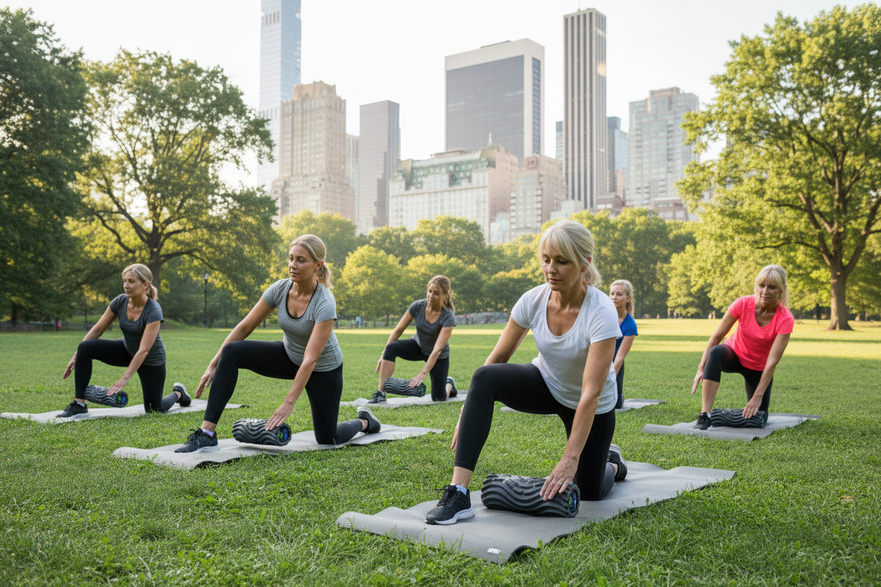 Outdoor boot camp class 6 people using Three-zone vibration roller with control panel
