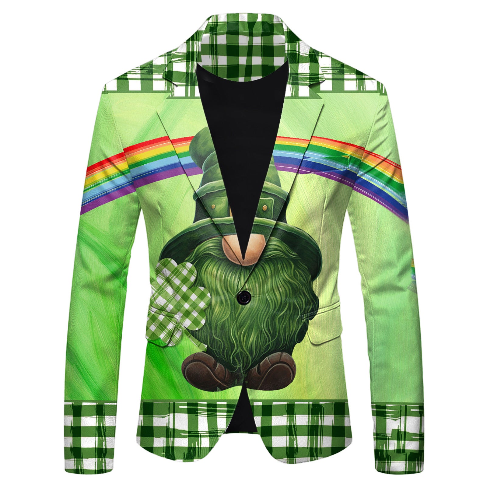 Green jacket with gnome and rainbow design on a white background