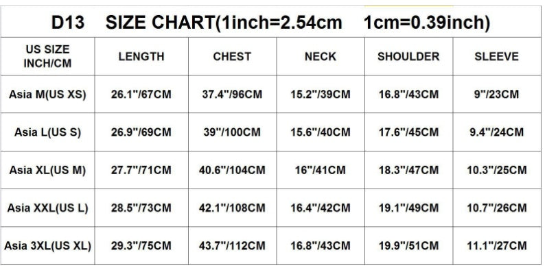 A size chart table for D13 sizing, showing measurements in both inches and centimeters for length, chest, neck, shoulder, and sleeve across different Asia size categories.