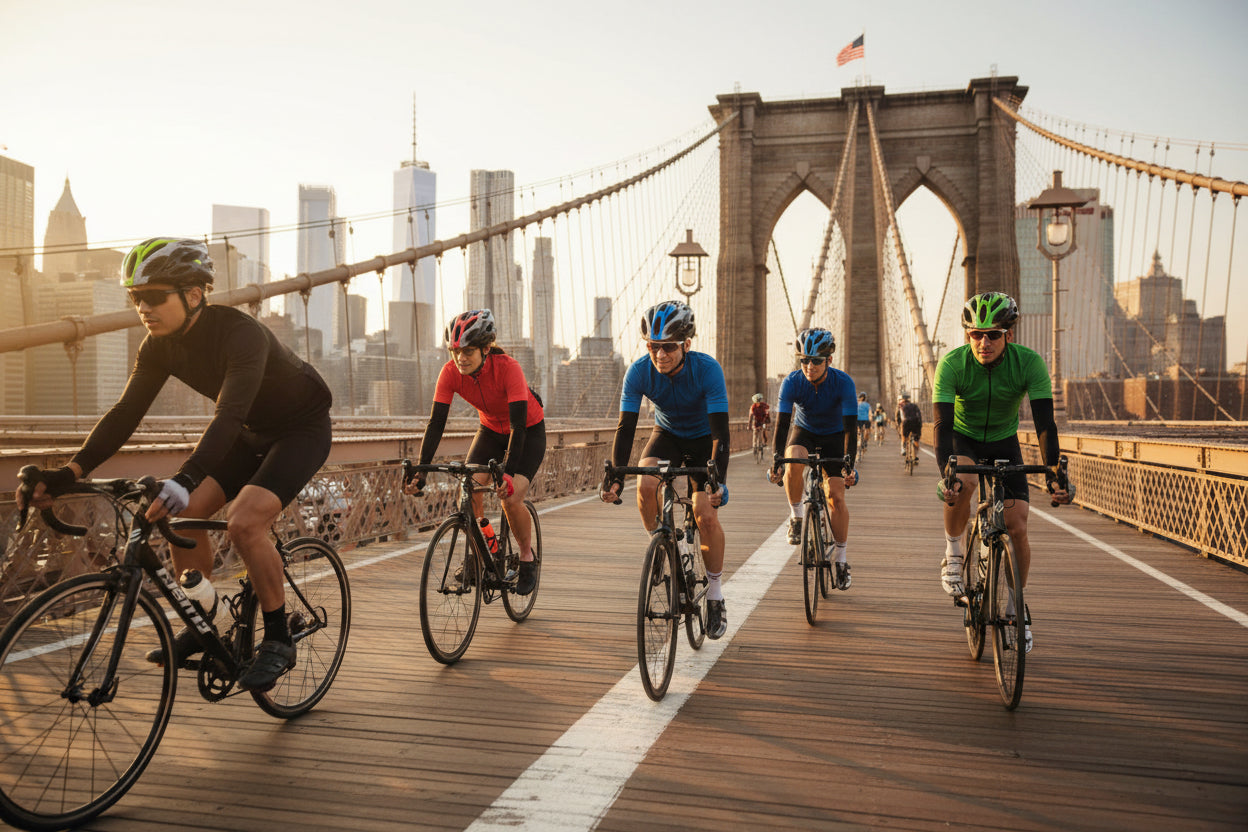 A group of cyclists riding across the Brooklyn bridge wearing patterned cycling helmets.