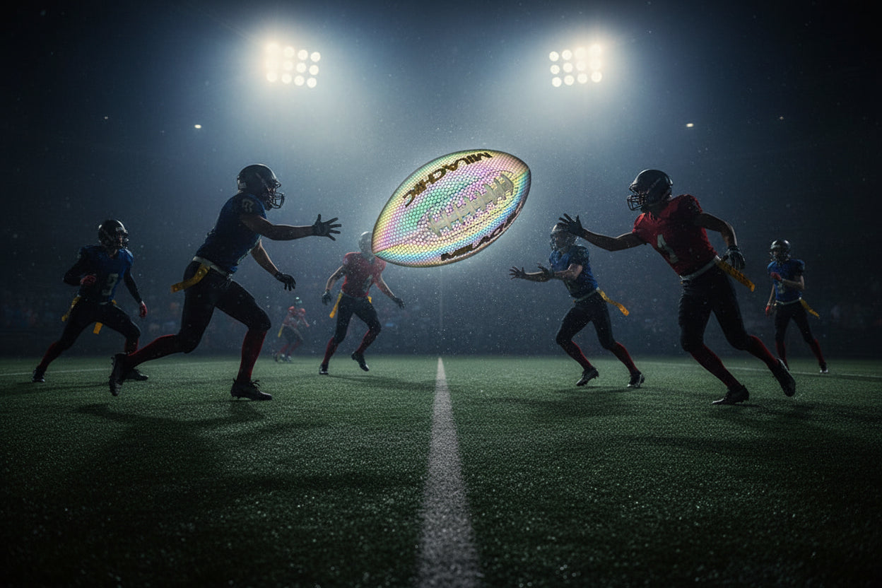 Flag football game using Holographic football with 'Mizuki' branding on a black background