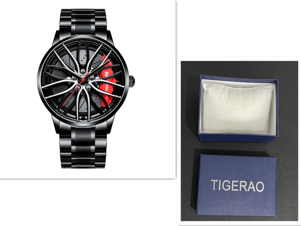 Black wristwatch with red accents and a Tigeroa branded box on a white background