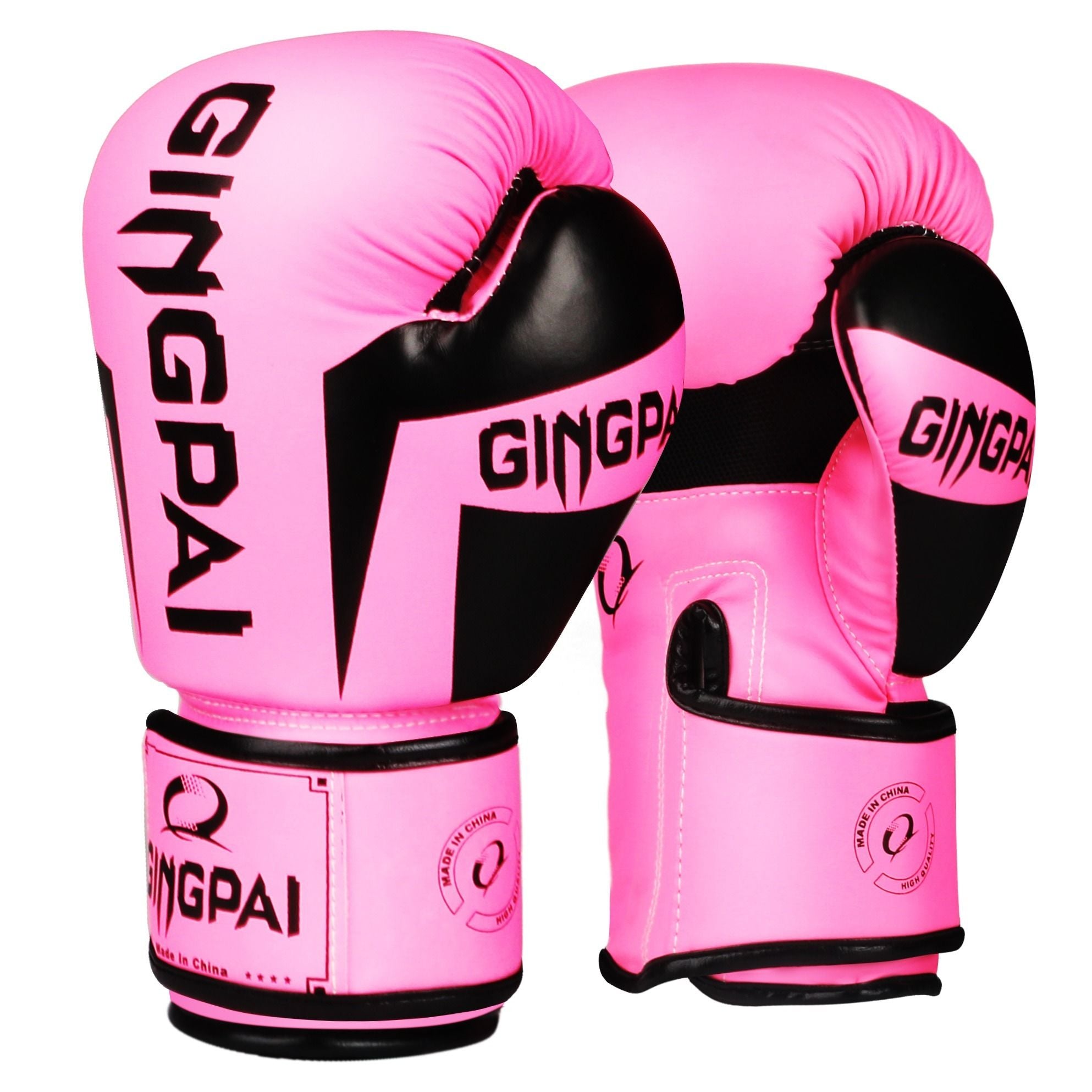 Pink boxing gloves with black accents and 'GINGPAI' branding on a white background