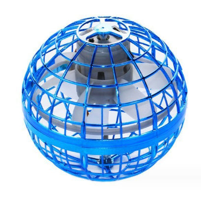 Blue and silver spherical toy with grid design on a white background