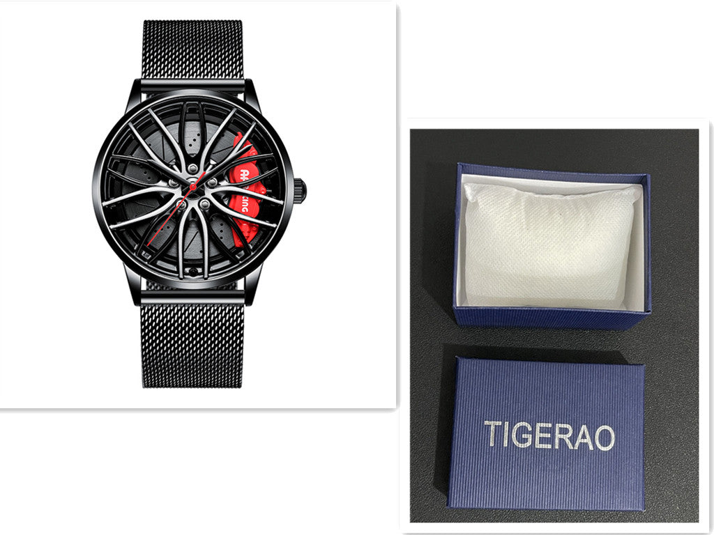 Wristwatch with unique design and branded box on a white background