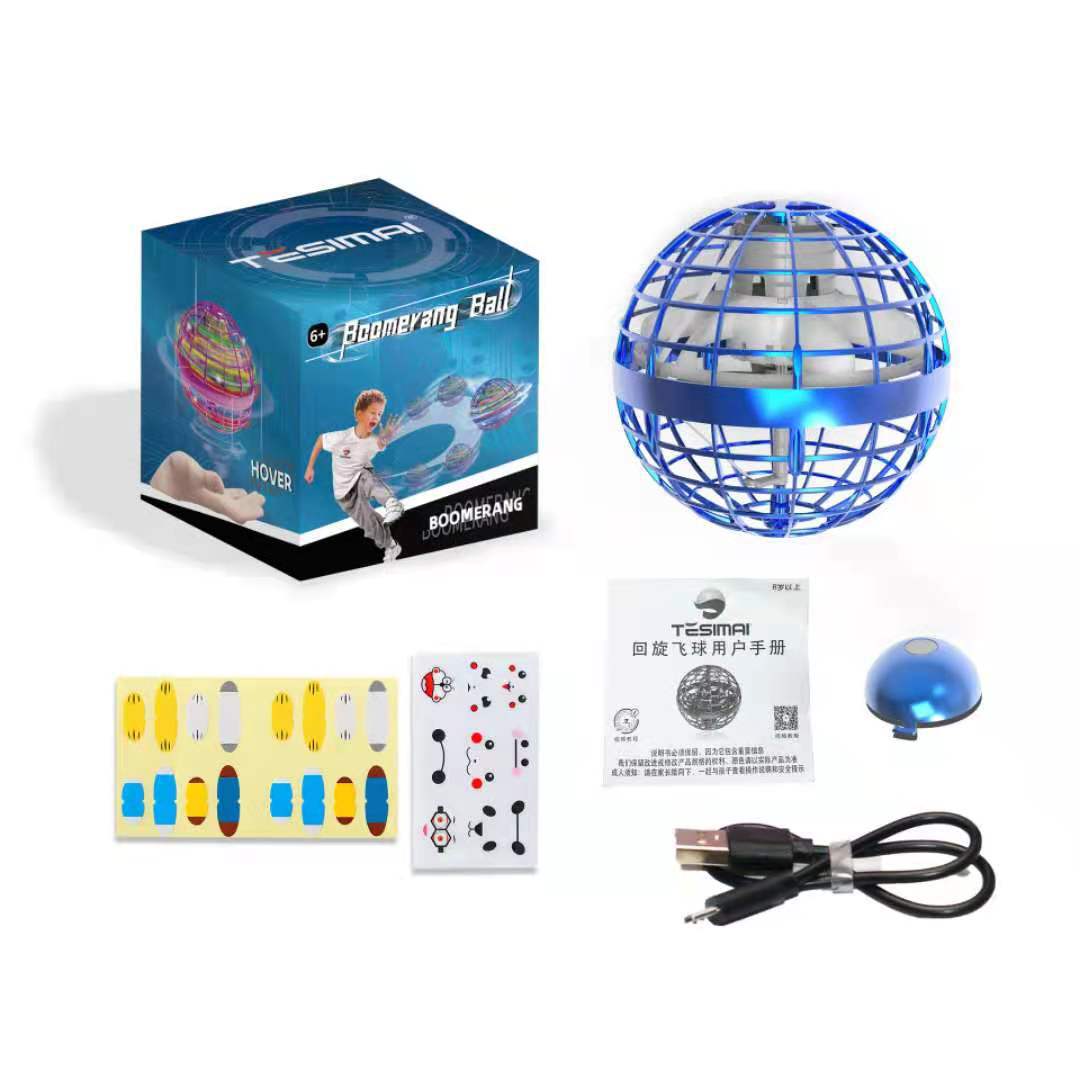 Boomerang Ball with packaging, user manual, and USB cable on a white background