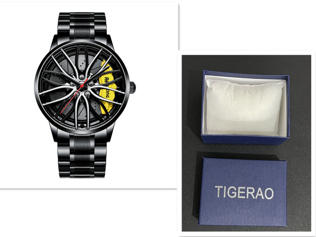 Black wristwatch with yellow detail next to a black box labeled 'TIGERAO'.