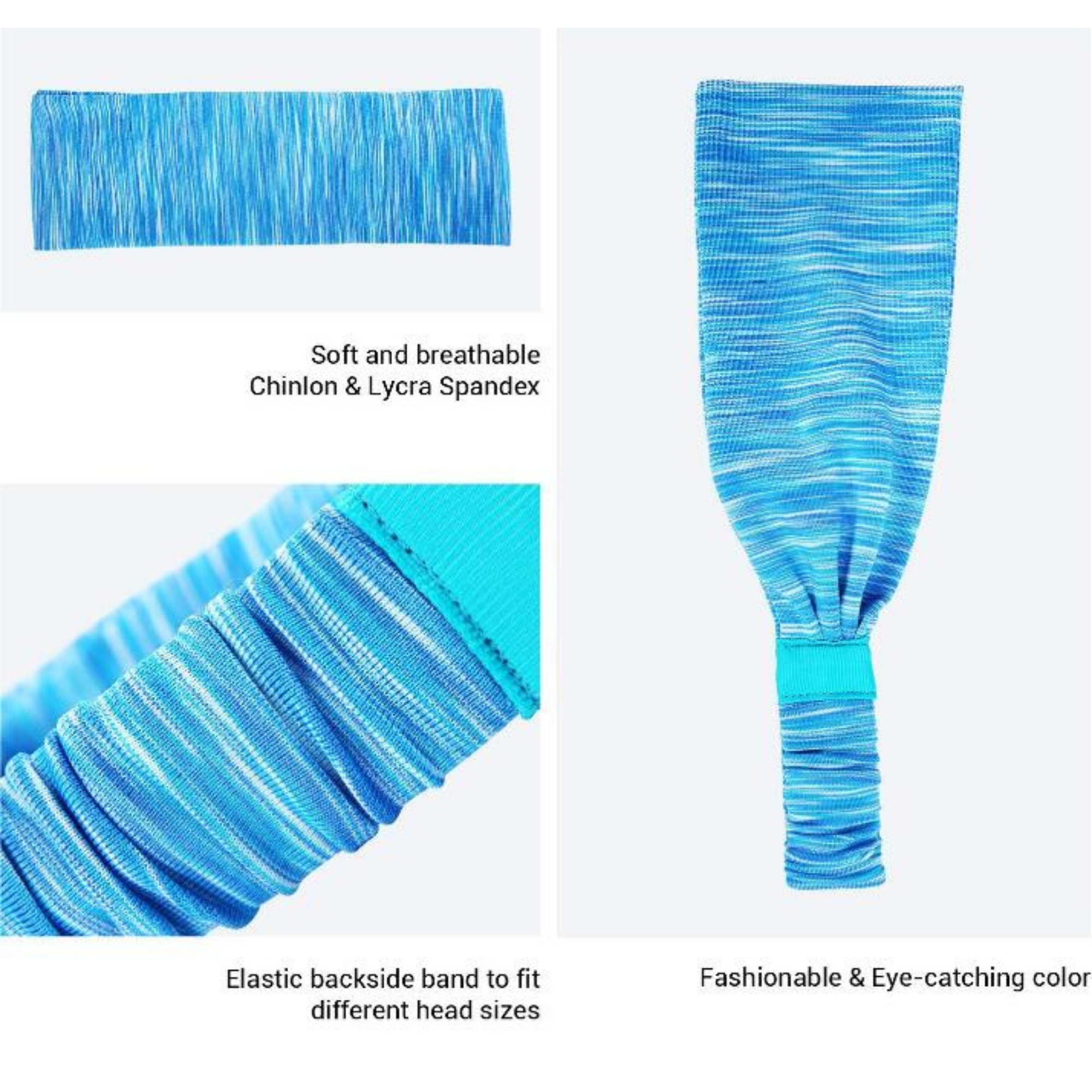 Blue headband with text describing its features on a white background