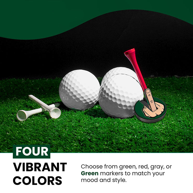 Two golf balls with a red marker on grass, with text about color options.