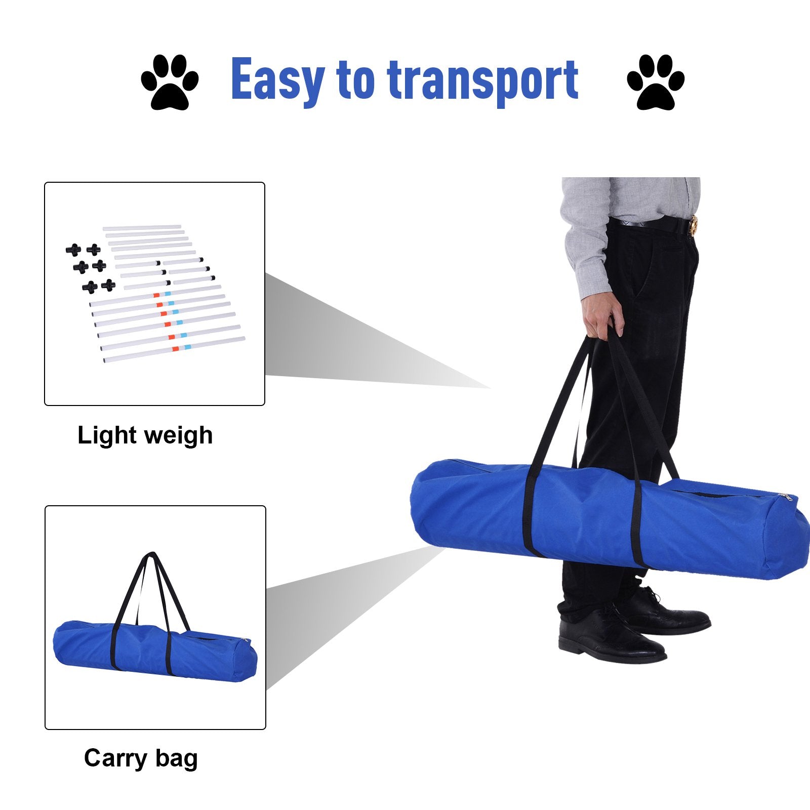 Person carrying a blue carrying bag with text indicating ease of transport and light weight.