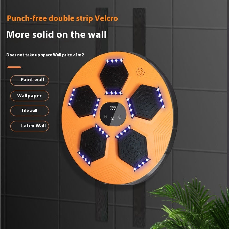 Velcro strip with hexagonal adhesive pads on a tiled wall, featuring text about its features.
