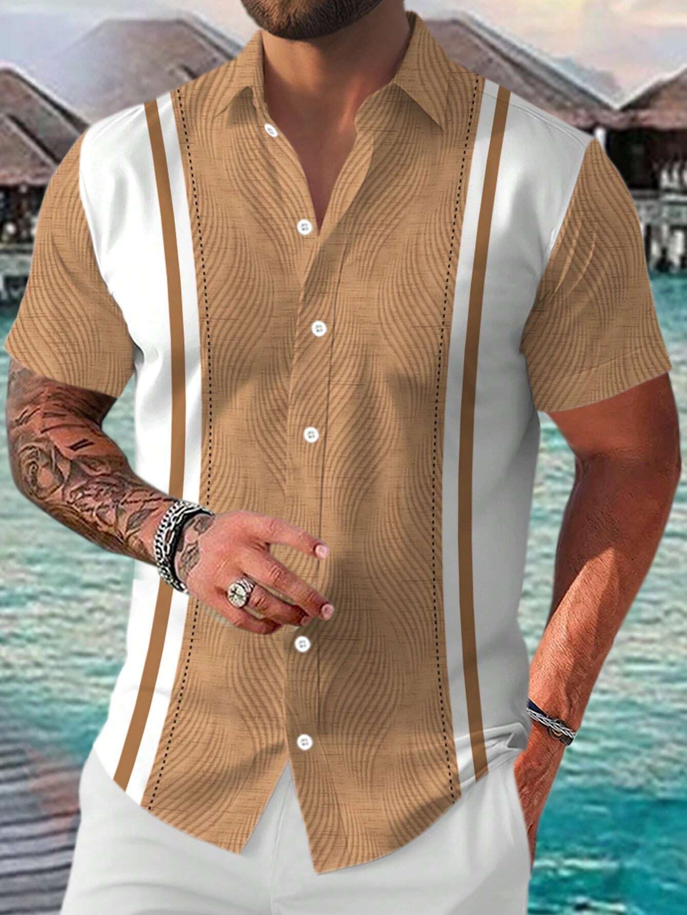Man wearing a patterned shirt with a scenic background