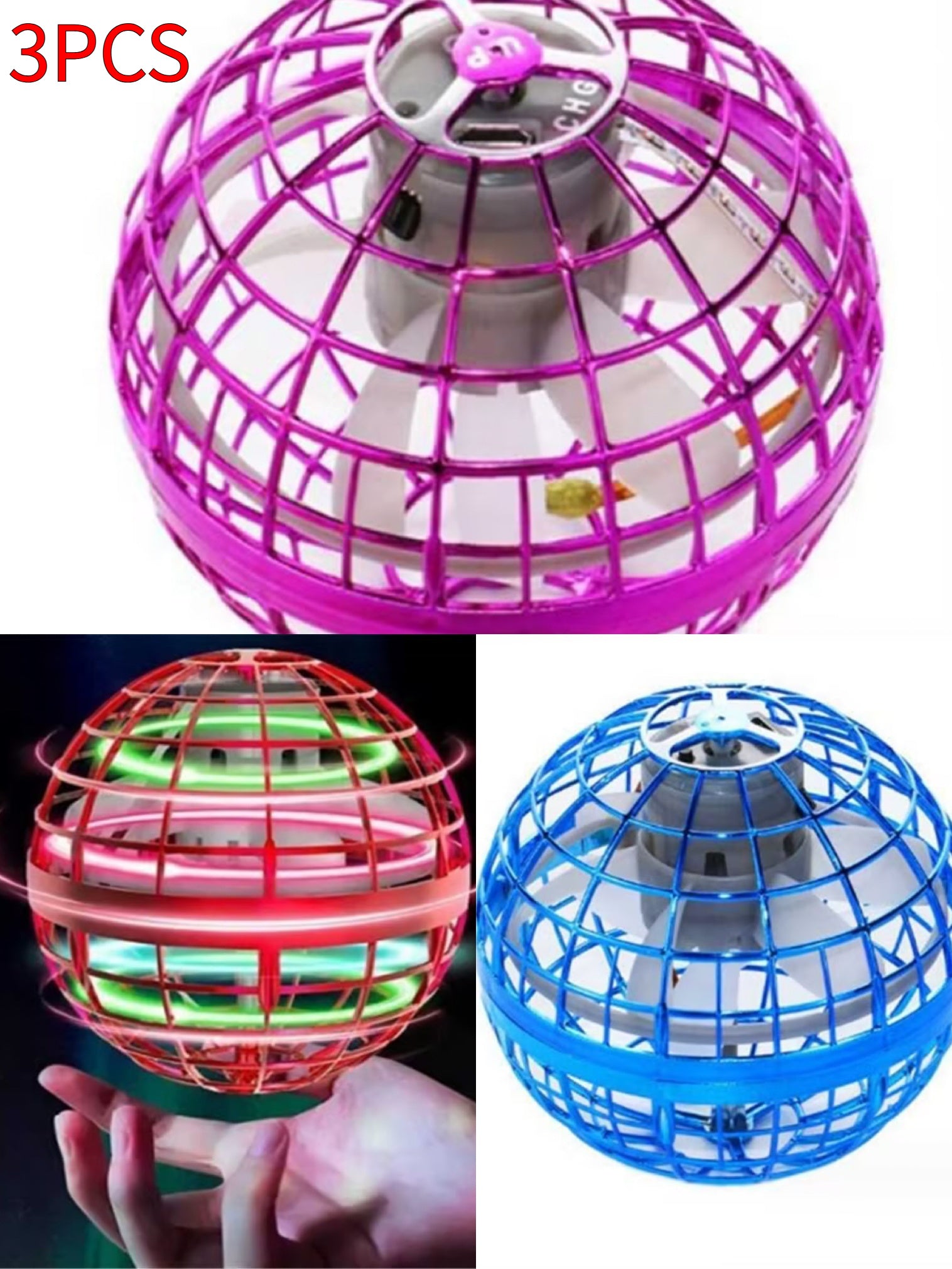 Three colorful flying ball toys with grid design on a white background.