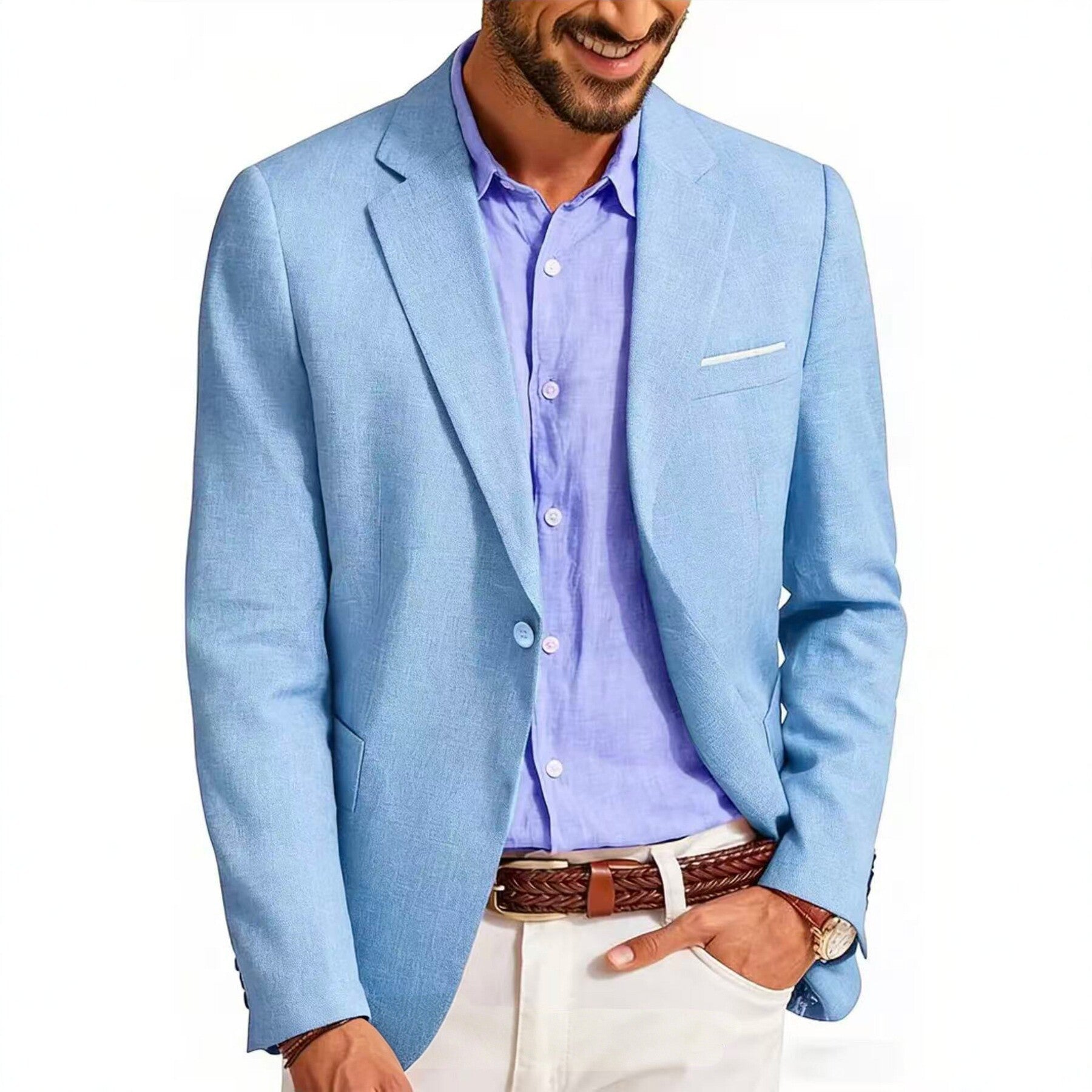 A man wearing a light blue blazer over a light purple button-down shirt, paired with white trousers and a brown braided belt, photographed against a plain white background.