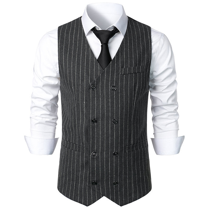 Gray pinstripe vest over a white shirt with a black tie on a white background