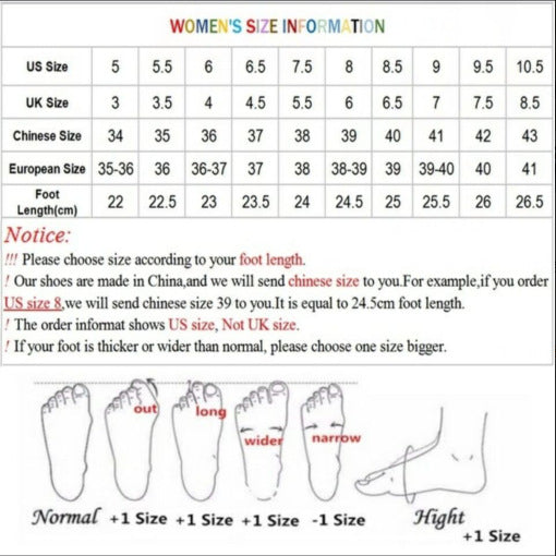 Chart showing size conversions for women's shoes between US, UK, Chinese, and European sizes with foot length measurements.