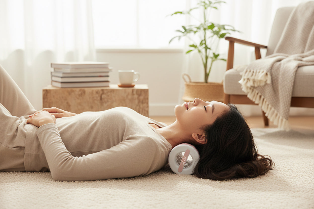A woman laying on carpet at home with the foam roller behind her neck