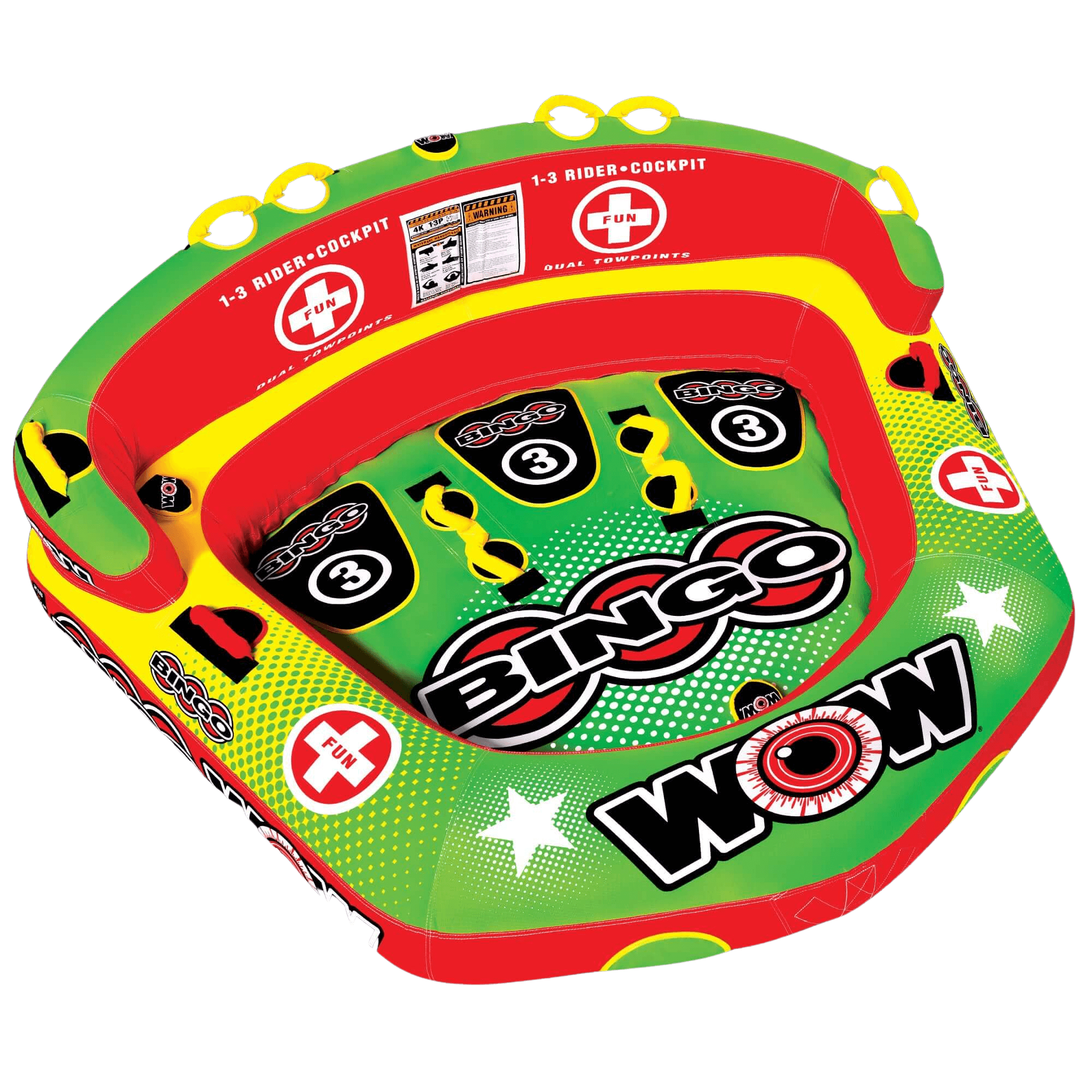 Colorful inflatable tube with Bingo and Wow branding on a white background
