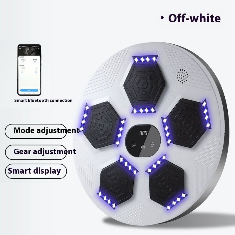 Round electronic device with black hexagonal patterns and purple lights on a white background, featuring text on smart functions.