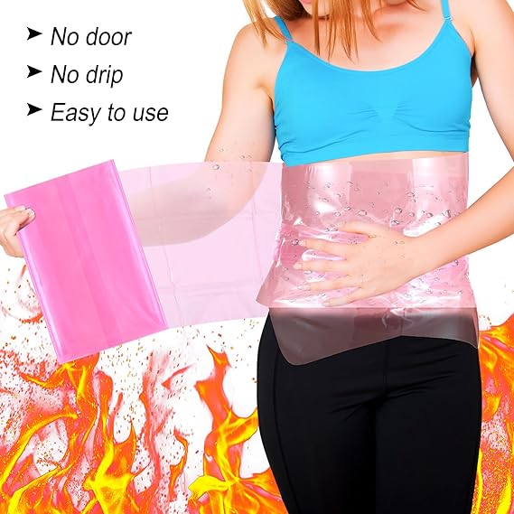 A woman wearing a translucent pink abdominal heat pack over her stomach, with a separate pink sheet held in her hand. The image includes text reading 'No door', 'No drip', and 'Easy to use', plus flame graphics at the bottom.