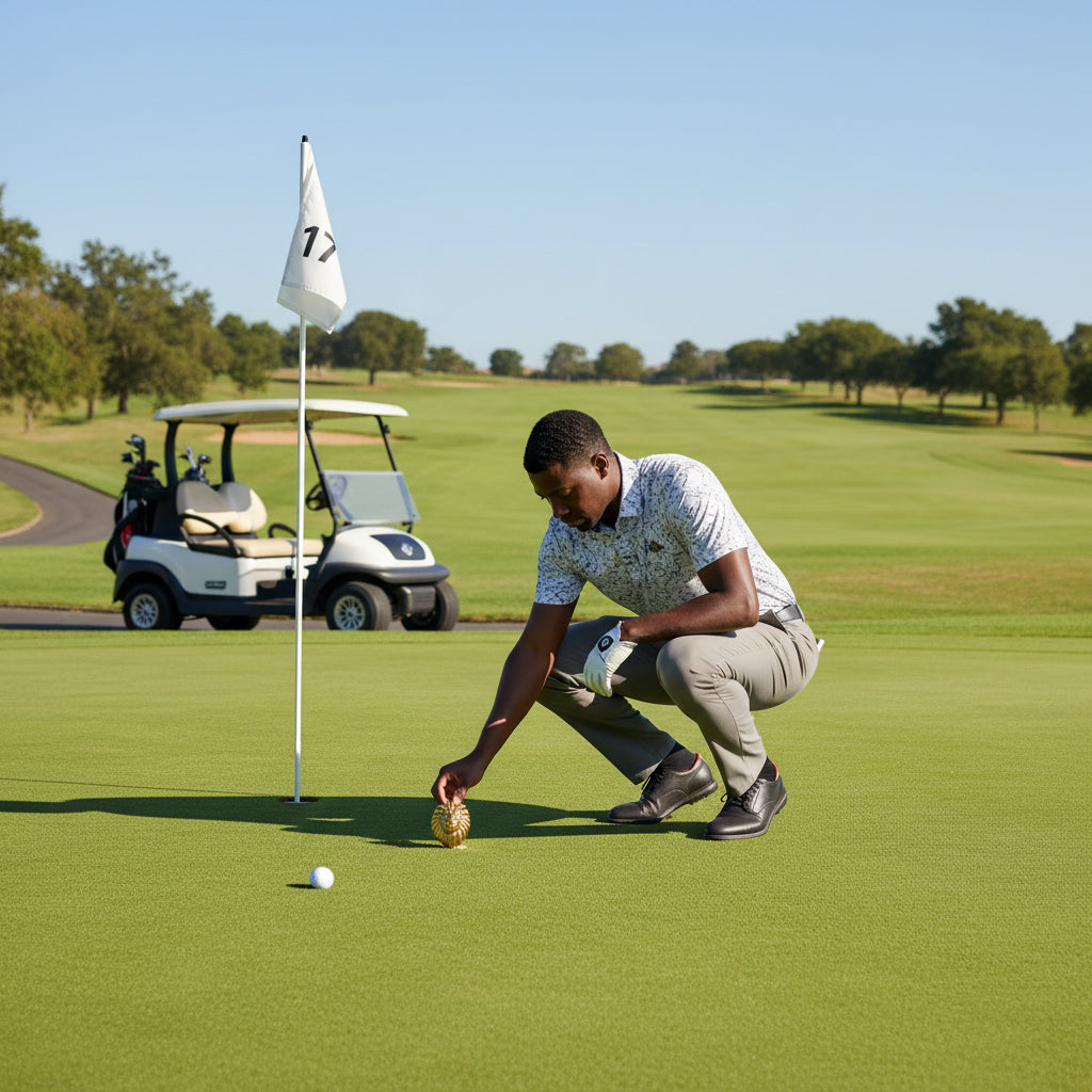 Green middle finger golf ball marker with a man in the background