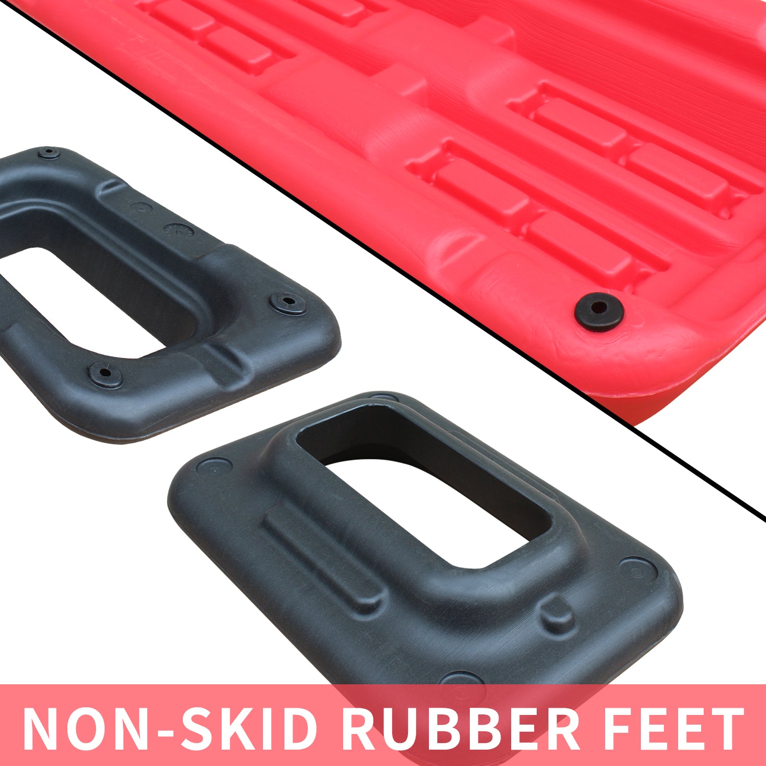 Non-skid rubber feet on a red surface with text 'Non-skid Rubber Feet'.