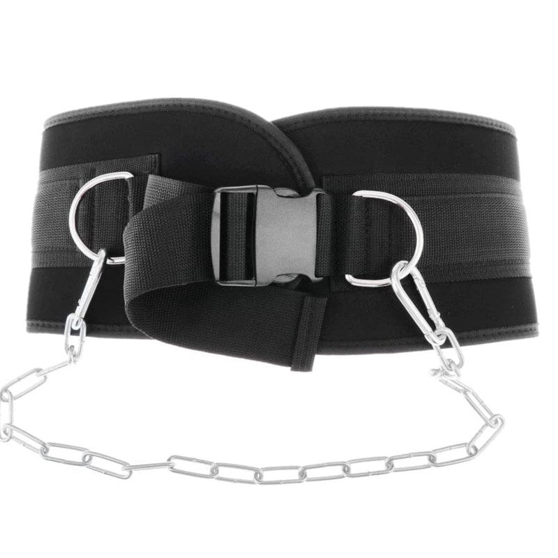 Black waist trainer with silver chain on a white background