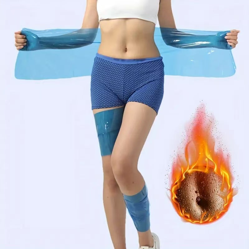 A woman models blue compression sleeves on her arms, legs, and hip, wearing blue patterned shorts and a white crop top. She is stretching a translucent blue sleeve across her torso.